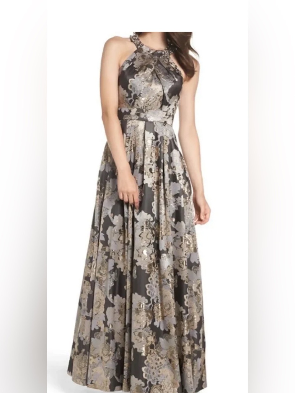 Eliza J Gray and Gold Floral Halter Maxi Dress